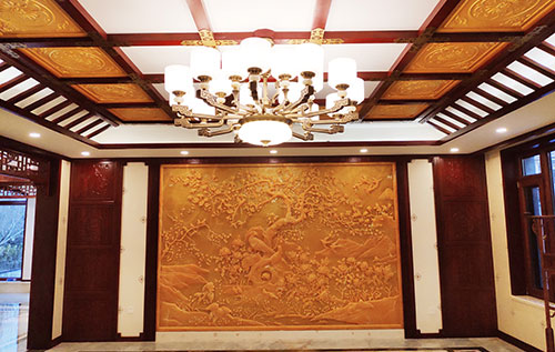 云霄中式别墅客厅中式木作横梁吊顶装饰展示